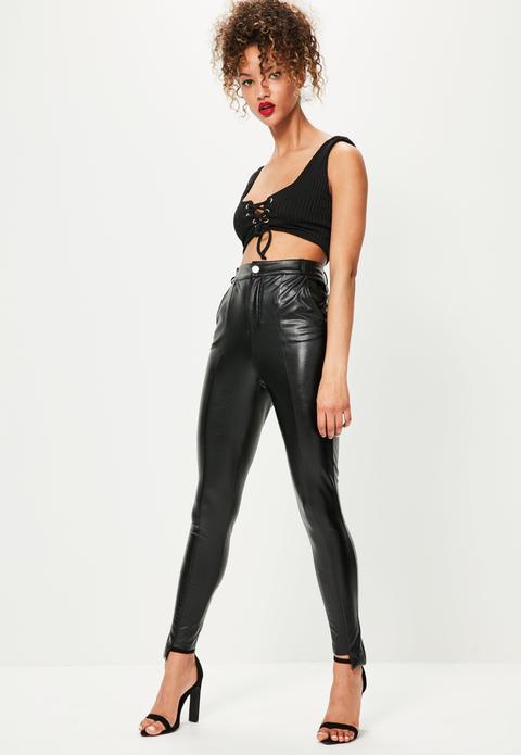 Black Faux Leather Step Hem Leggings