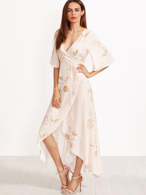 Vestito Asimmetrico Avvolto Maniche Forma Kimono Stampa Fiore - Rosa