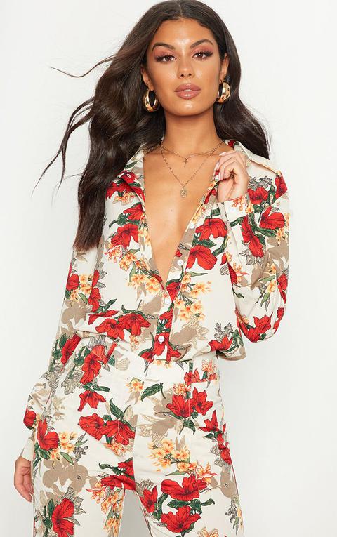White Floral Print Satin Oversized Shirt