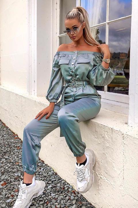 Candace Satin Utility Jumpsuit - Sage