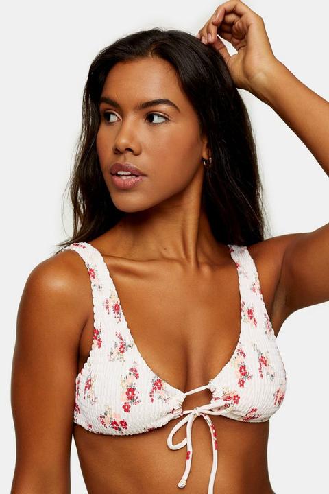 Ecru Ditsy Print Shirred Crop Bikini Top