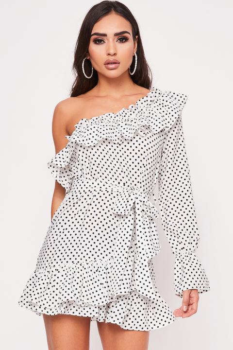 Freya White Polka Dot Frill Detail Mini Dress