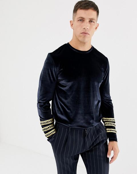 Asos Design - T-shirt Lunga A Maniche Lunghe In Velour Blu Navy Con Fettuccia Sulla Manica - Navy