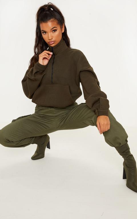 Khaki Oversized Zip Front Sweater