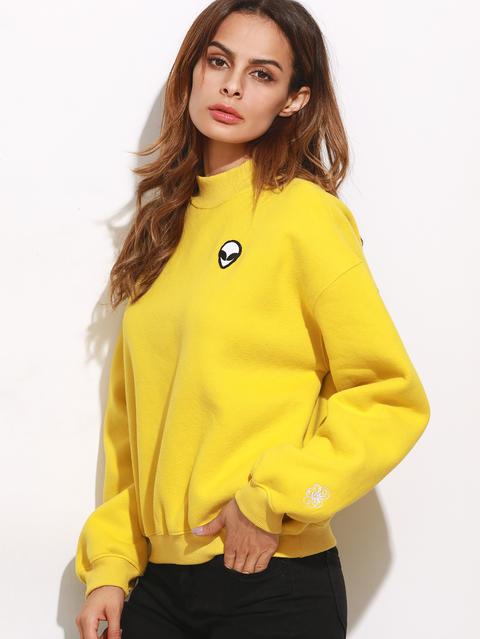 Sudadera Con Hombros Caídos Bordada - Amarillo