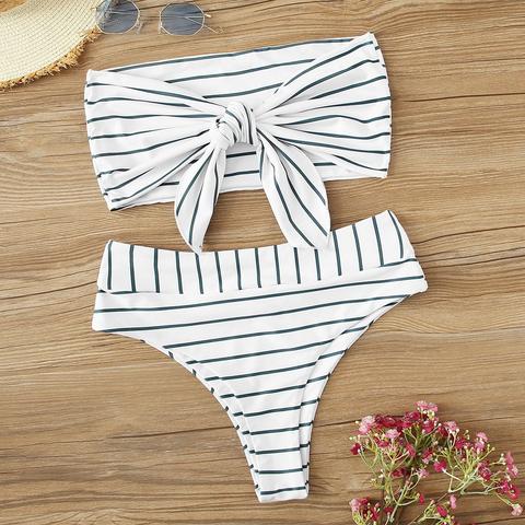 Set De Bikini Bandeau Con Cordón Delantero De Rayas De Cintura Alta