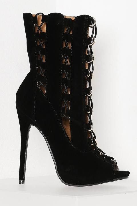 Black Lace Up Detail Faux Suede Heel