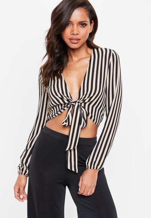 Black Nude Striped Tie Front Crop Top, Brown