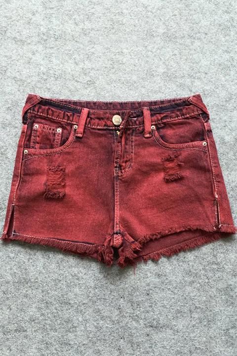 Broken Hole Pocket Red Denim Shorts