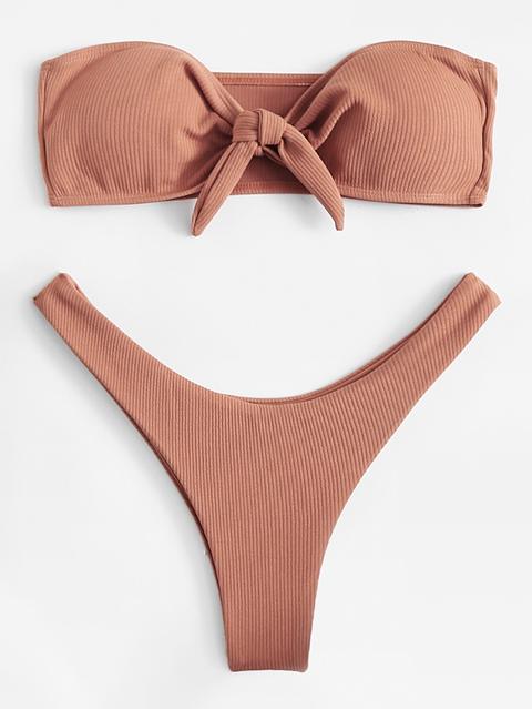 Knot Front High Leg Bikini Set