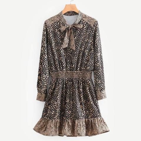 Vestito Con Volant E Stampa Leopardo Con Collo Annodato