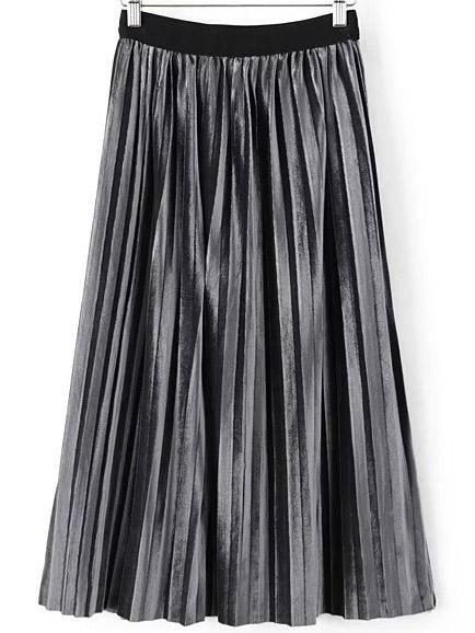 Grey Pleated Velvet Midi Skirt