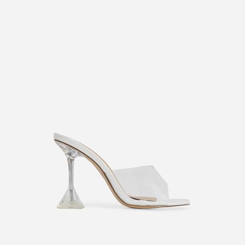 Lila Square Toe Perspex Heel Mule In White Faux Leather, White