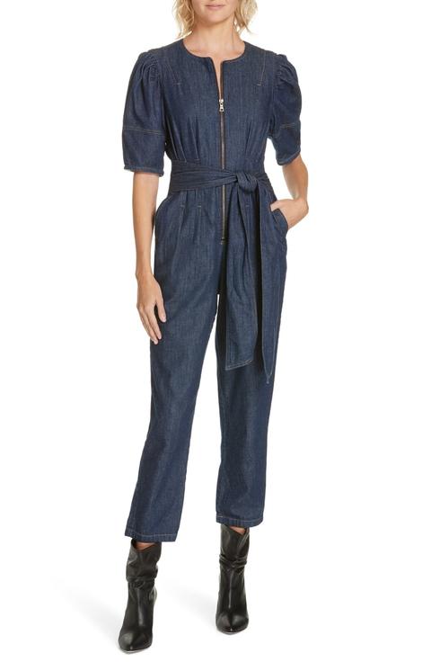 puff sleeve denim jumpsuit