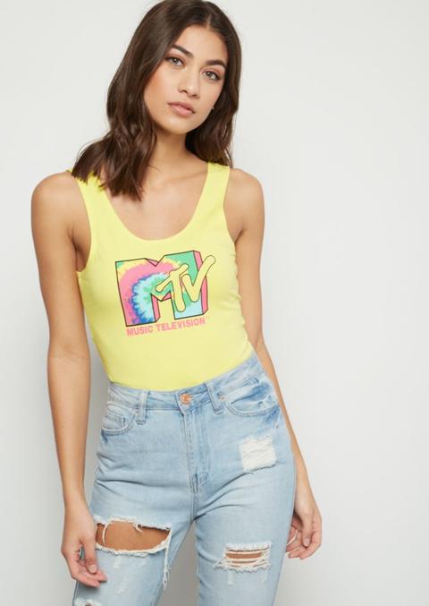 Bright Yellow Tie Dye Mtv Graphic Bodysuit from Rue21 on 21 Buttons