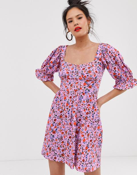 Asos Design - Vestitino Da Giorno Con Vivace Motivo A Fiorellini E Maniche A Palloncino - Multicolore