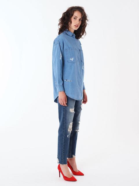 Jeans Mom Con Rotture Blu Denim Scuro