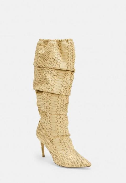Beige Snake Print Ruched Pointed Toe Heeled Boots, Beige