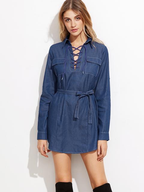 Vestido Camisero Con Cordones Denim Azul