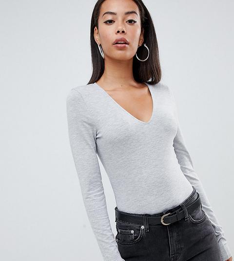 Asos Design Tall - Ultimate - Top A Maniche Lunghe Grigio Con Scollo A V - Grigio