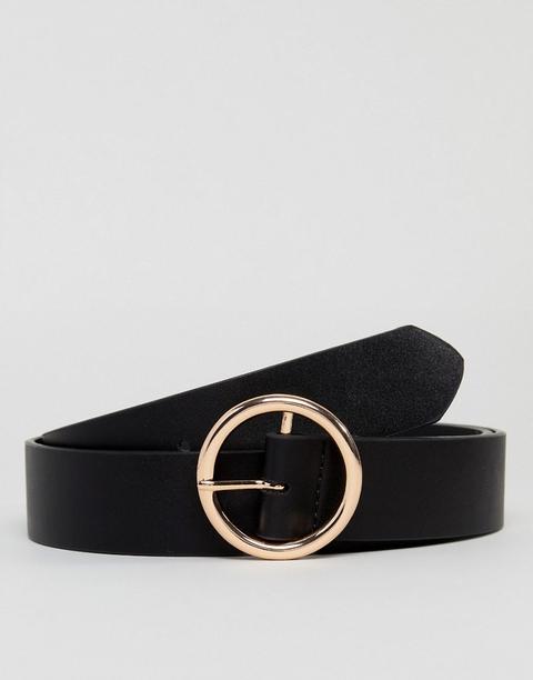 Asos Slim Belt In Black Faux Leather And Gold Circle Buckle