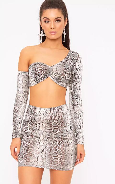 Grey Snake Print One Shoulder Knot Crop Top, Grey