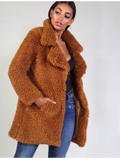 camel teddy faux fur coat