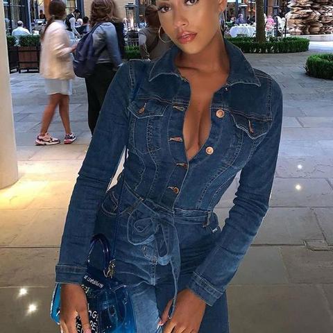 Mid Blue Button Up Front Long Sleeve Self Belt Denim Jumpsuit