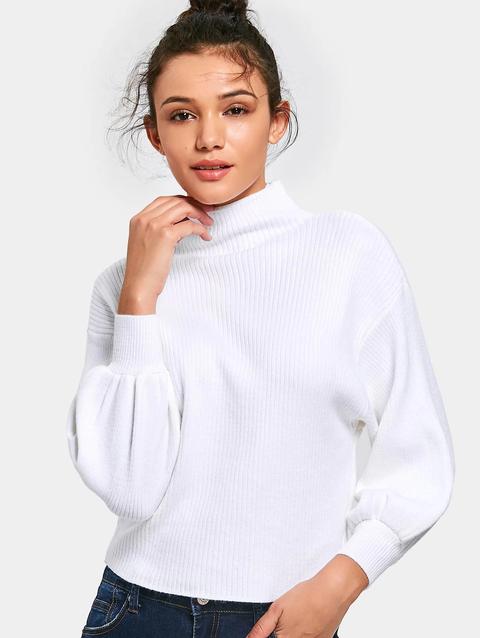 Maglione A Collo Alto Con Maniche A Lanterna White Yellow Gray Black Pink Red Crystal Cream