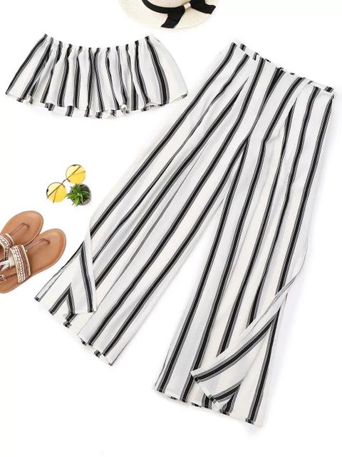 Stripes Tube Top Y High Slit Wide Leg Pants