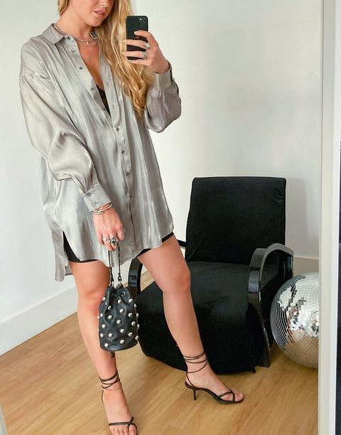 Topshop Oversized Satin Shirt In Sage-green