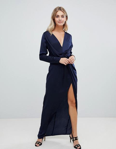 Vestido Largo De Satén Con Diseño Cruzado Y Abertura En El Lateral En Azul Marino De Missguided
