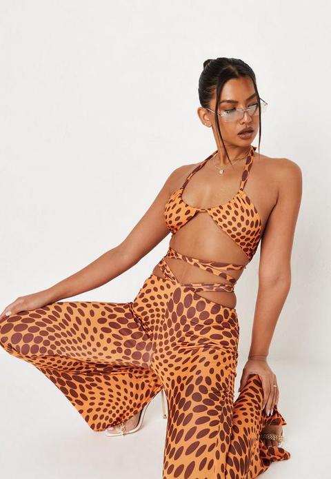 Jordan Lipscombe X Missguided Mocha Abstract Print Halterneck Wrap Around Slinky Bralet, Brown