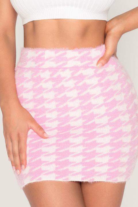 Cindie Fluffy Houndstooth Mini Skirt - Baby Pink