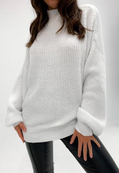 Petite White Oversized Boyfriend Balloon Sleeve Jumper, White