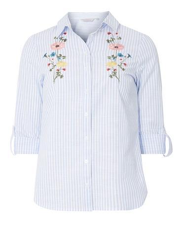 Womens Petite Blue Striped Embroidered Shirt- Blue, Blue