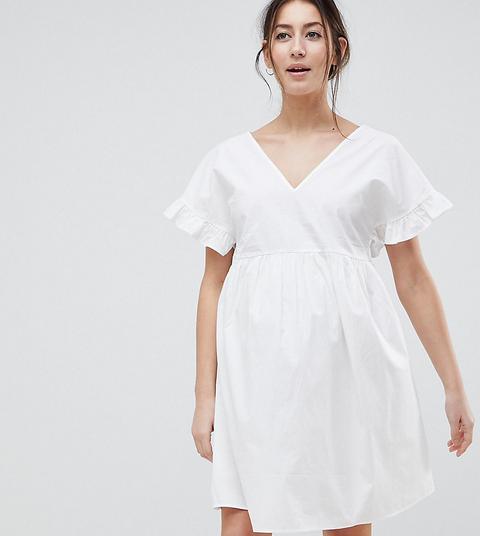 Asos Design Maternity - Robe Babydoll Courte En Coton Avec Encolure En V Devant Et Au Dos - Blanc