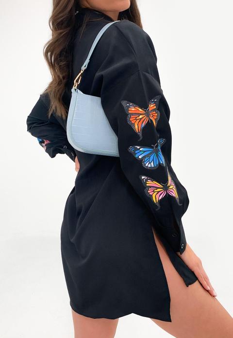 Robe Chemise Noire Oversize À Papillon Et Ourlet Long À L'arrière