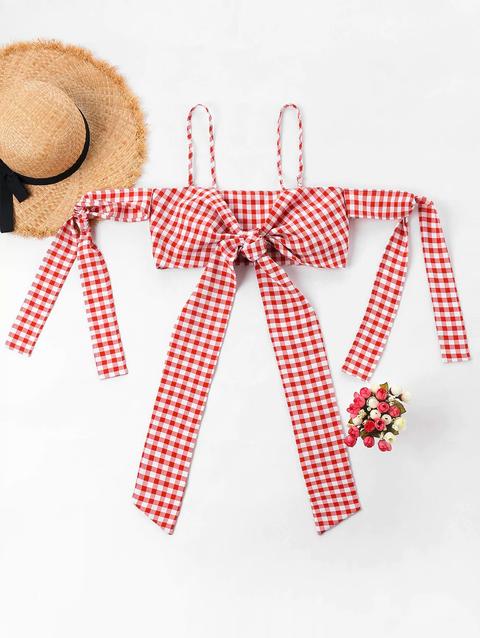 Top Corto A Quadri Con Spalle Scoperte Red