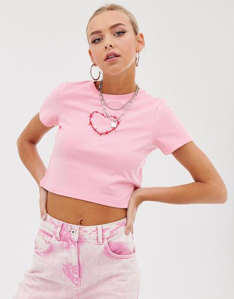 Asos Design - T-shirt Corta Con Stampa A Cuore Di Filo Spinato - Rosa