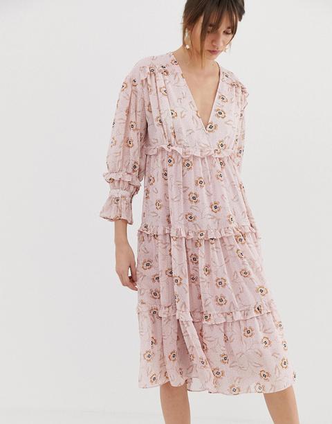 Ghospell Midaxi Smock Dress With Ruffle Detail In Floral Polka Dot - Pink
