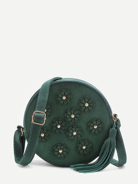 Flower Embellished Round Shoulder Bag With Tassel