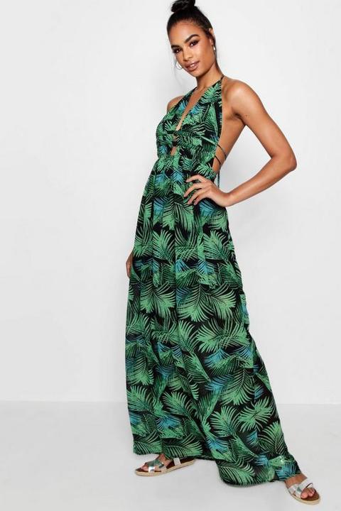 Vestido Tall Maxi Con Escote Pronunciado Y Estampado De Palmeras, Verde De Hojas