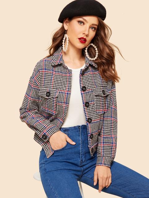Cazadora De Houndstooth Con Bolsillo Con Solapa Con Botón