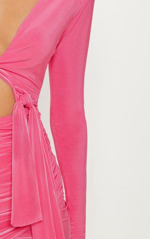 Hot Pink Double Layered Shoulder Pad Wrap Front Bodycon Dress