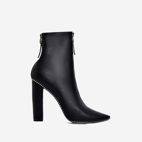 Mabel Studded Detail Block Heel Ankle Boot In Black Faux Leather, Black