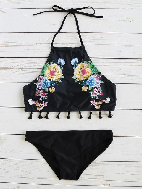 Set Bikini Halter Con Estampado Floral Ribete Con Flecos - Negro