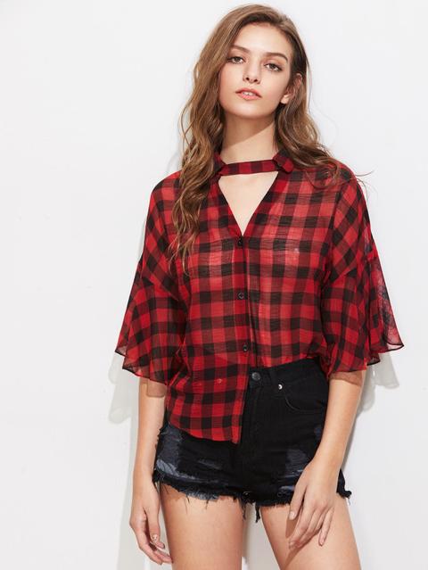 Blusa De Cuadrícula Con Gargantilla