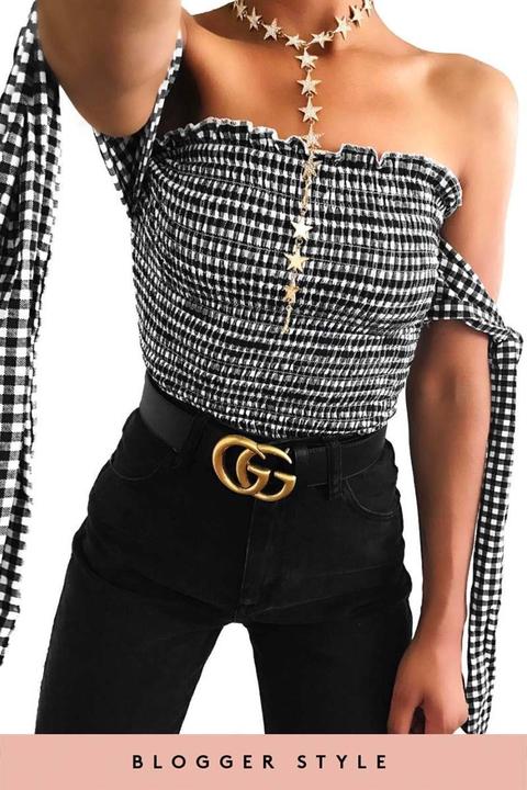 Camilla Black Gingham Smocked Bardot Crop Top