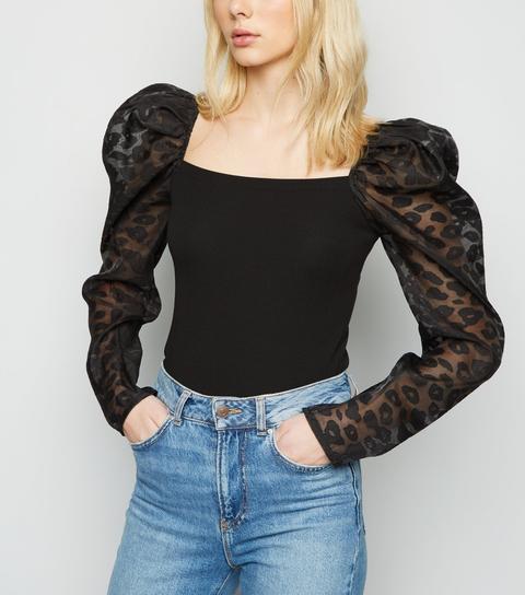 Black Leopard Organza Sleeve Ribbed Top New Look
